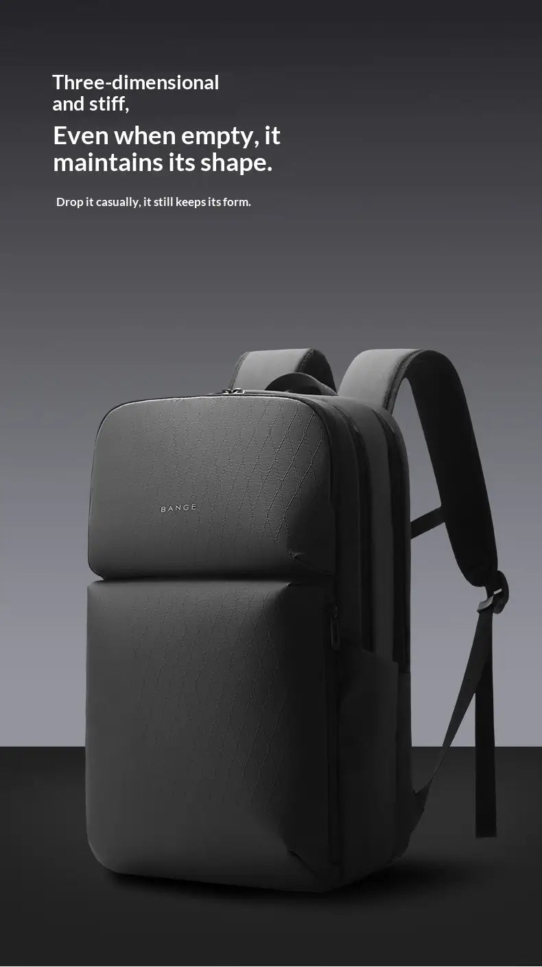 Black textured fabric business commuter backpack with structured rigid form and minimalist design large capacity laptop bag.