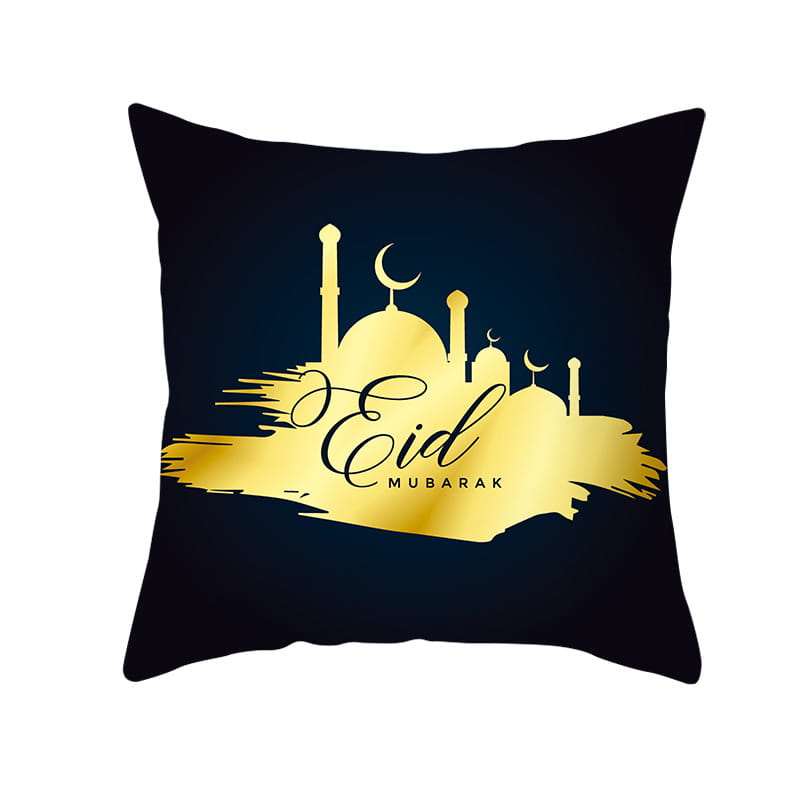 Cojín decorativo negro con un diseño de silueta de mezquita en foil dorado y texto de eid mubarak sobre un fondo tipo pincelada, incluido en el producto de la funda de cojín de Ramadán Kareem Azul y Oro para Linterna Eid.