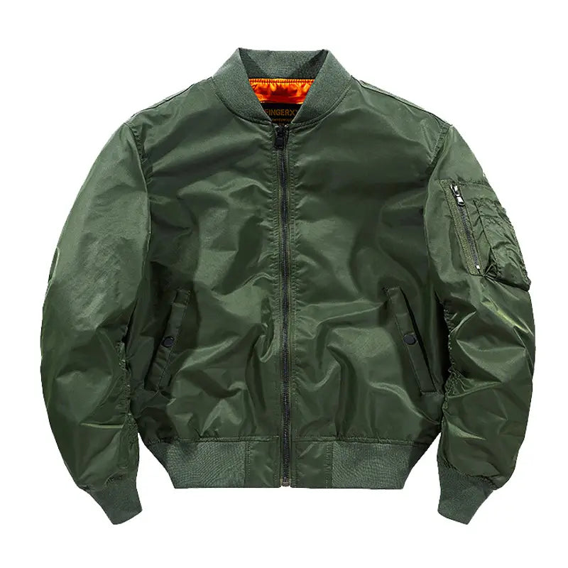 Men’s retro loose flight bomber jacket in olive green with bright orange lining and black zipper accents designed for workwear.