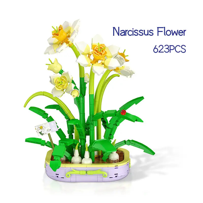 Un arrangement de narcisse en briques en plastique, vibrant, avec des pétales blancs et des centres jaunes, dans un pot lavande en briques lego, provenant du jeu de blocs de construction « Bouquet floral violet ».