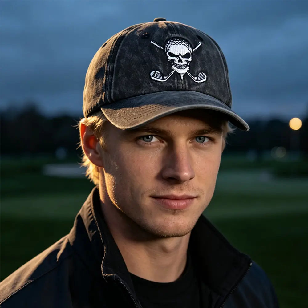 Dark denim baseball cap featuring a white embroidered skull and crossed golf clubs design with a distressed vintage finish.