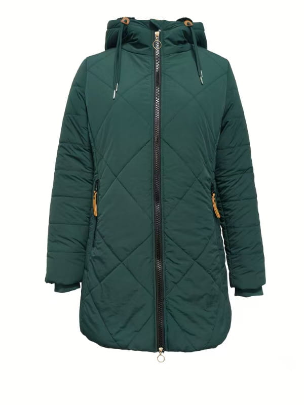 Damen-Wattierte Winterjacke mit Kapuze in Dunkelgrün mit schwarzem Reißverschluss und braunen Zuglaschen, für die Verwendung bei kaltem Wetter konzipiert.