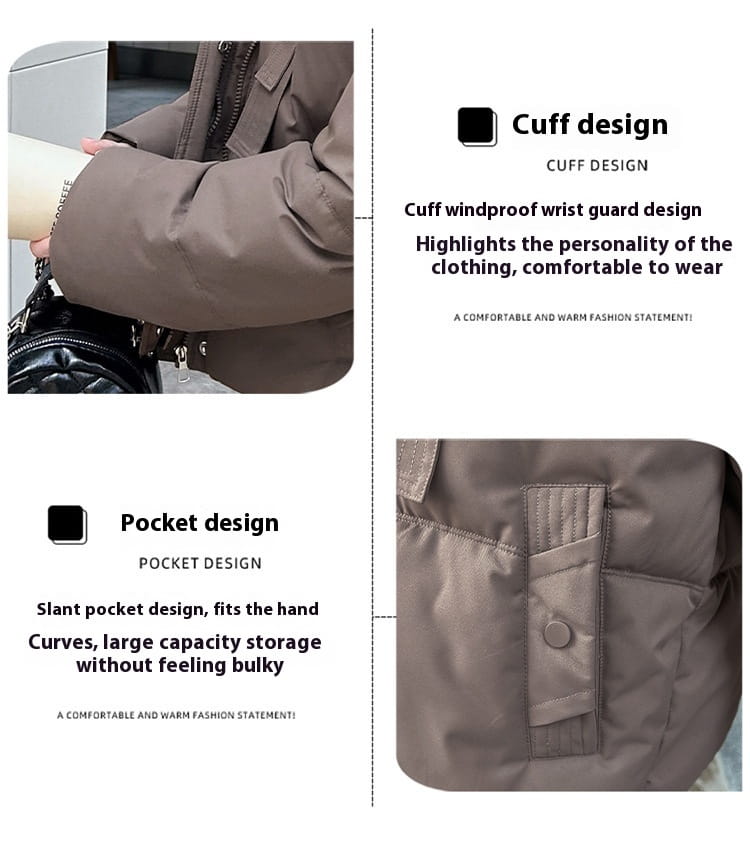 Veste courte matelassée à capuche marron avec poignets matelassés et poches obliques conçues pour l’habillement d’hiver chaud