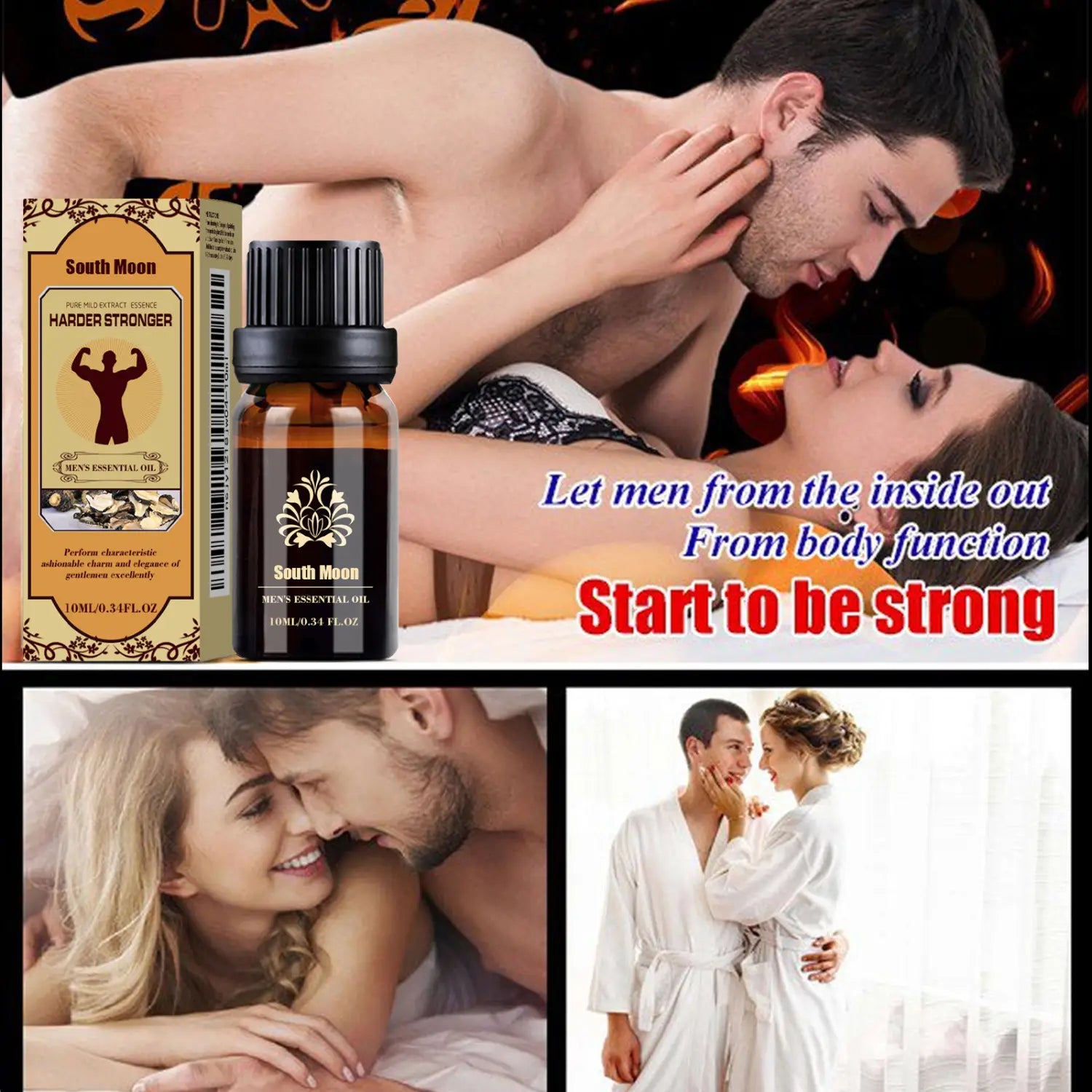 South moon men essential oil in a dark amber glass bottle with a black ribbed cap and gold foil label designed for jojoba massage vitality 10ml.