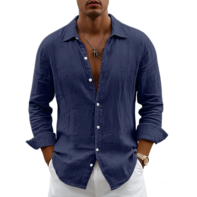 Men’s slim fit navy blue long-sleeved linen blend casual shirt with button-up front and rolled cuffs featuring a subtle textured fabric.