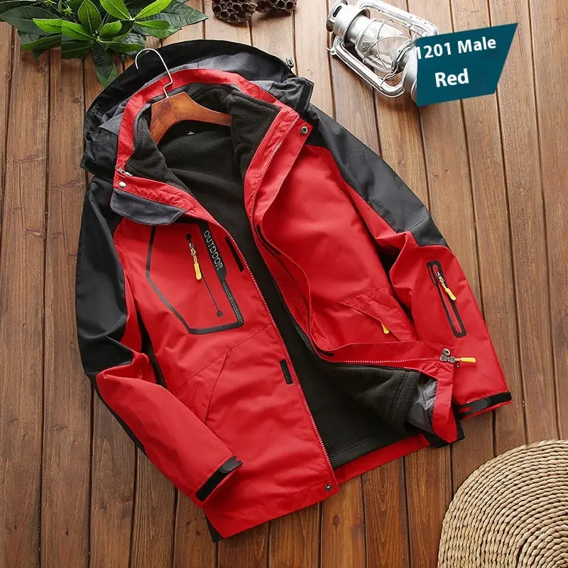 Men three-in-one waterproof winter sportswear jacket in red and black with yellow zipper pulls displayed on a wooden hanger.