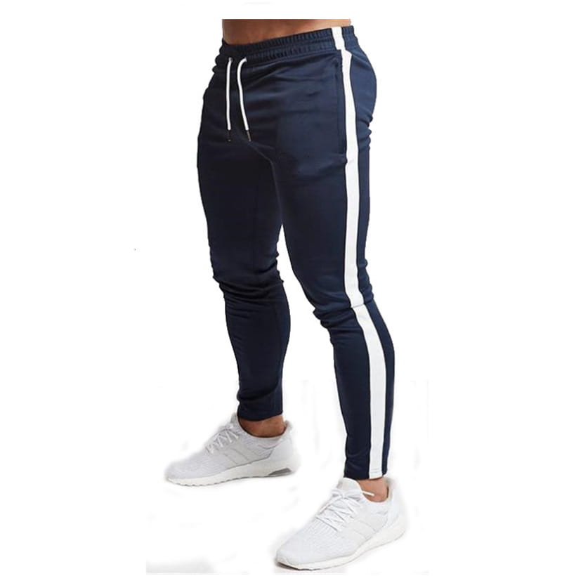 Men slim fit athletic joggers in navy blue cotton with a white vertical stripe down the side and matching drawstrings for sports and casual wear.