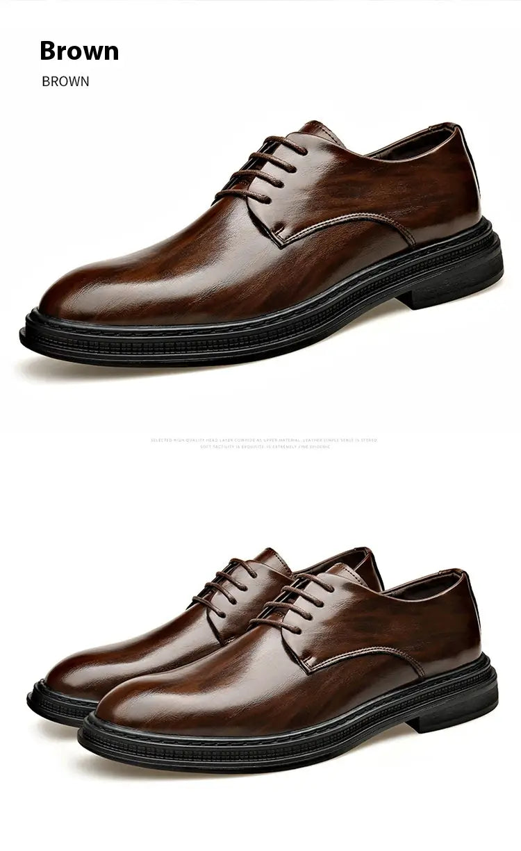 Les chaussures de ville habillées Oxford en cuir pour homme présentent un cuir brun poli avec un design à lacets et des semelles en caoutchouc noir, idéales pour les mariages.