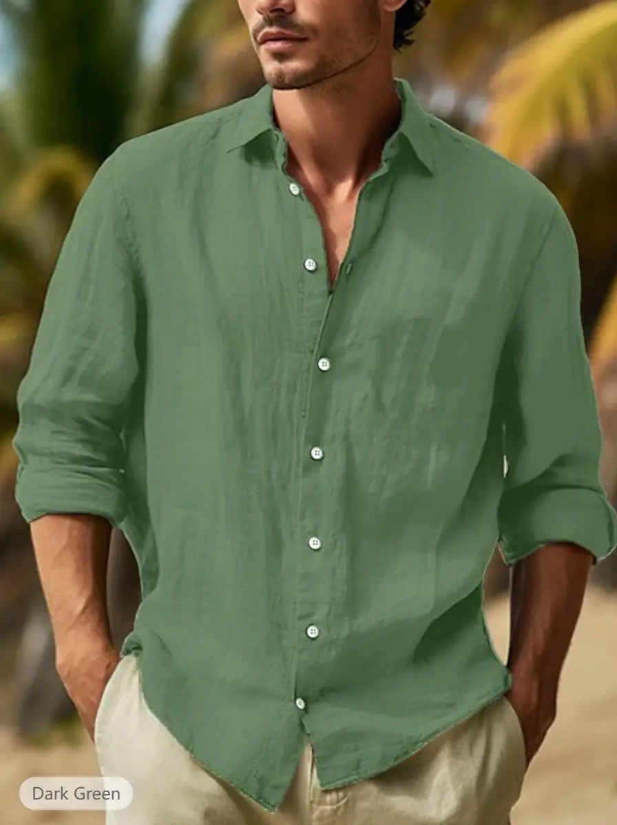 Men’s relaxed fit cotton linen long sleeve shirt in dark green with white buttons and rolled-up sleeves.