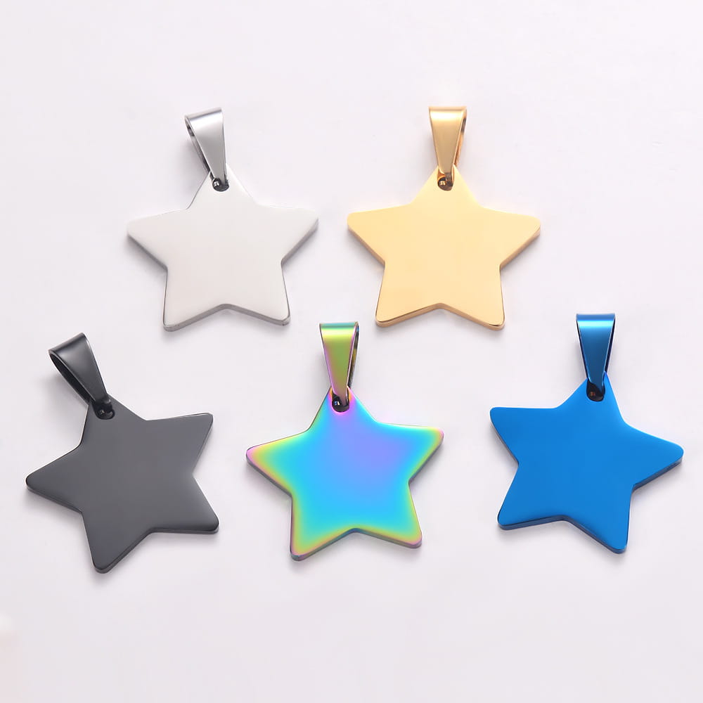 Stainless steel star pendant necklaces in silver gold black rainbow iridescent and solid blue finishes showcasing versatile metal star-shaped designs.
