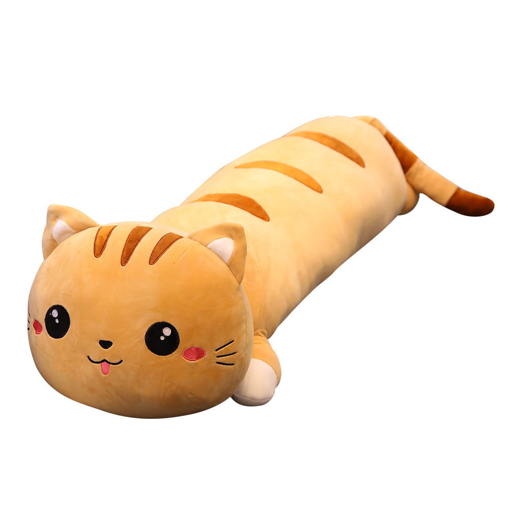A plush tan and orange striped cat plush doll pillow with a soft stuffed animal design featuring a cute face with black eyes pink cheeks and a small tongue sticking out.