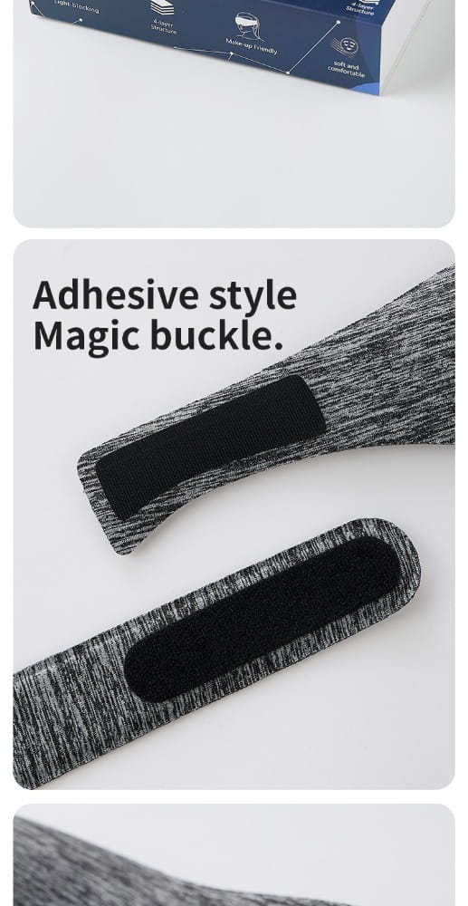 Rückseite einer 3D-Schlafmaske mit einem grauen melierten Stoffriemen und einer schwarzen, an Klettverschluss erinnernden Magic-Schnalle für eine atmungsaktive und konturierte Abdeckung der Augenschattierung.