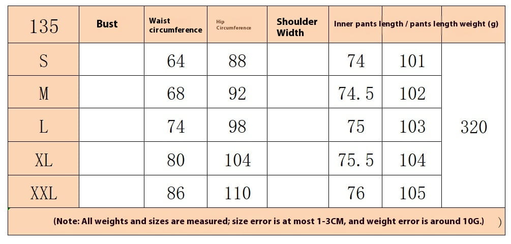 Size chart for fleece lined high waist flared sweatpants showing measurements in centimeters and weights in grams across sizes s through xxl.