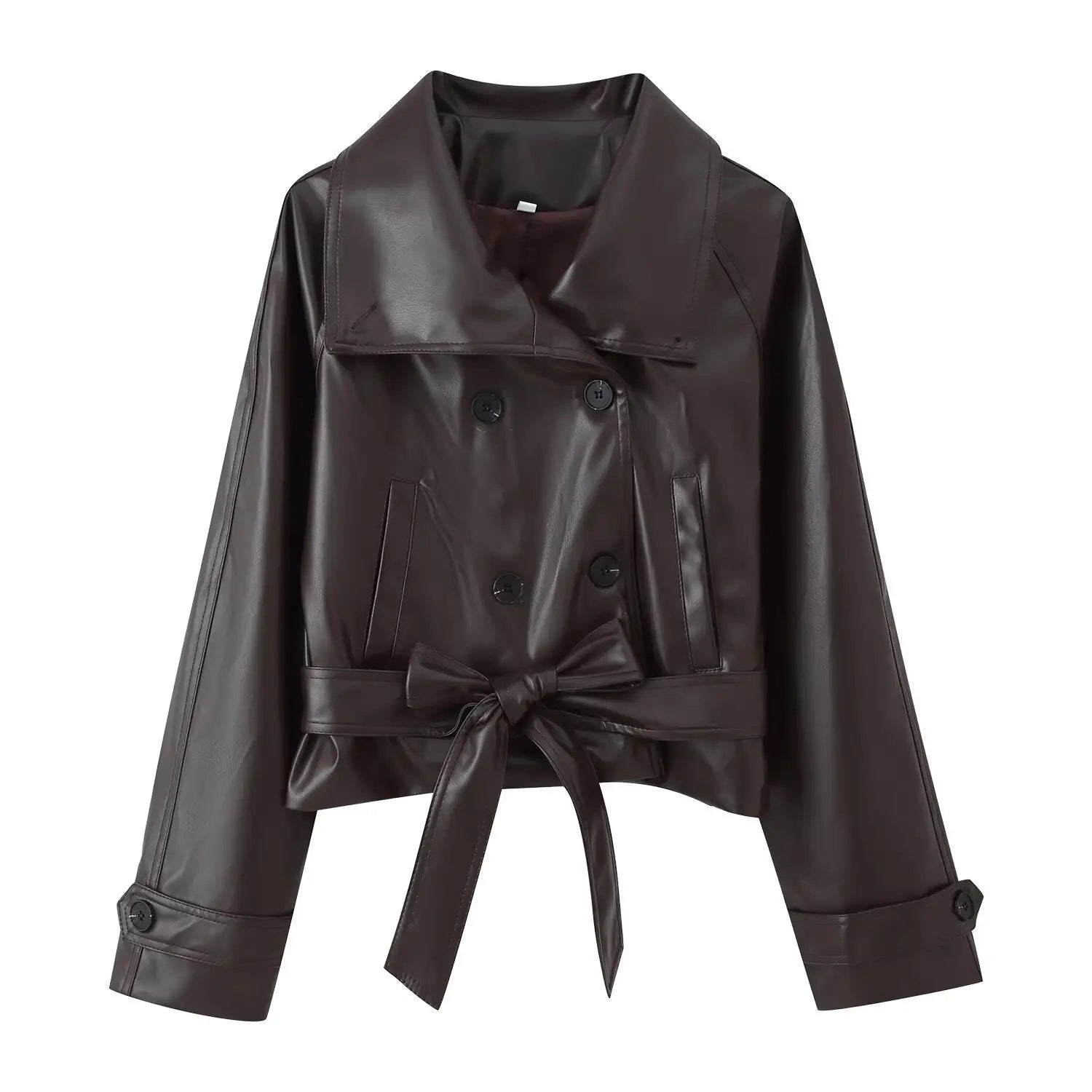 A sleek dark brown faux leather double breasted trench coat with a belted waist.