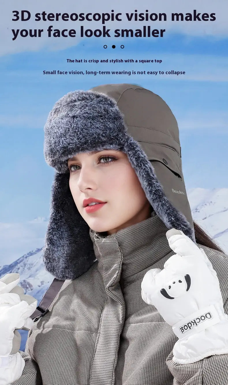 gray fleece-lined winter ushanka hat with faux fur lining, square top, and adjustable strap shown from the back