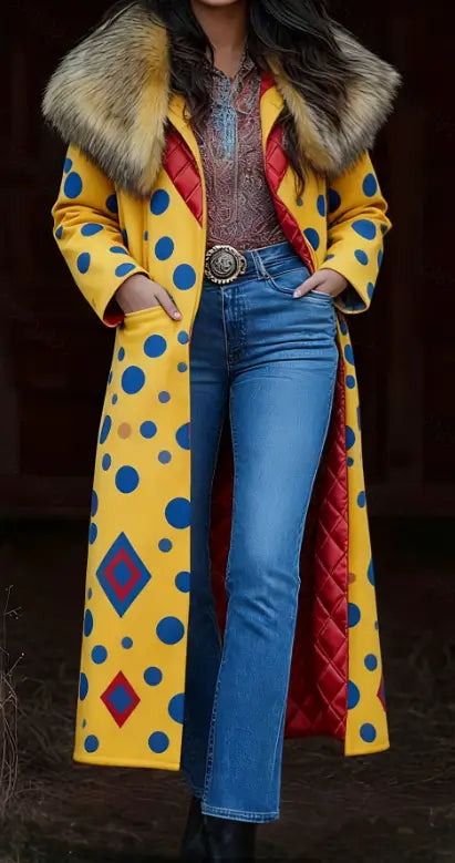Retro-Damen-Langmantel mit Print in einer leuchtenden Gelbtönung mit kräftigen blauen Punkten, roten Diamantakzenten, wattierter roter Innenfutterausstattung und einem weichen Fellkragen.