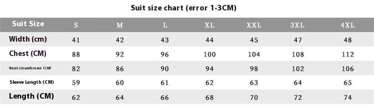 Suit size chart displaying measurements in centimeters for sizes s through 4xl of a teal double breasted corduroy jacket for men.