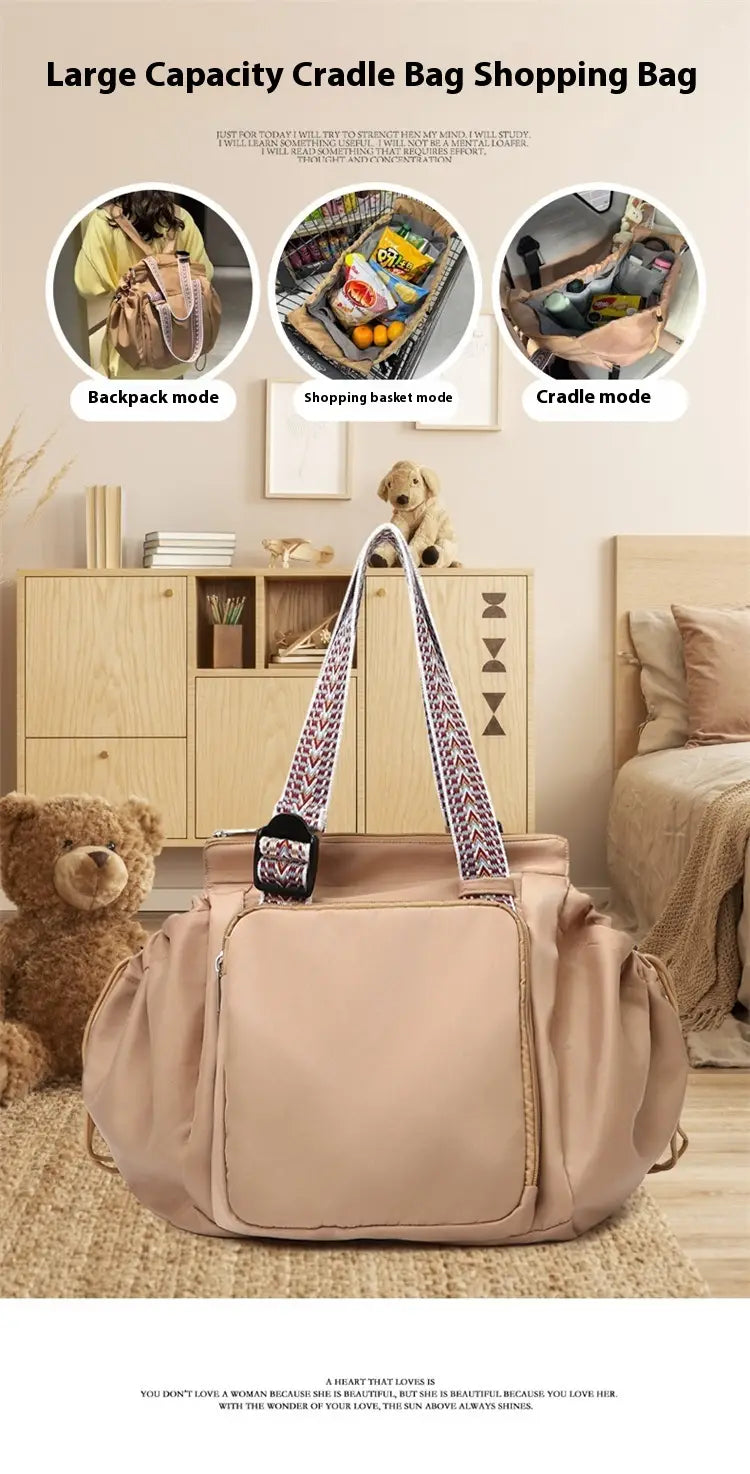 Beige large capacity multifunctional waterproof nylon cradle bag shopping tote and backpack with patterned straps and adjustable buckles.