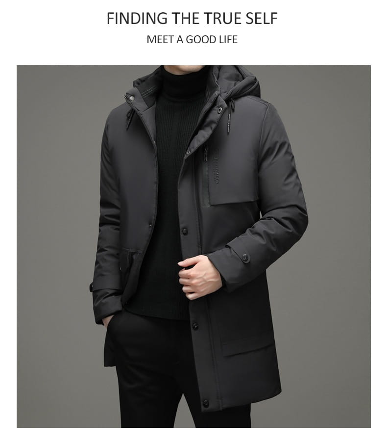 Abrigo de invierno acolchado con capucha negro para hombre con diseño moderno y elegante, y detalles de costura discretos.