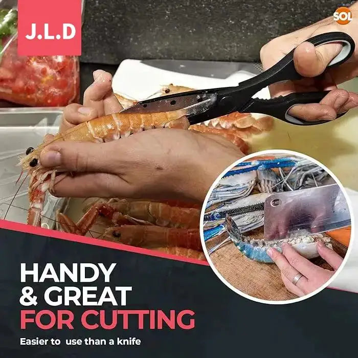 Black-handled multi-purpose kitchen shears with sharp stainless steel blades designed for easily cutting shrimp and other seafood featuring a nutcracker and opener.