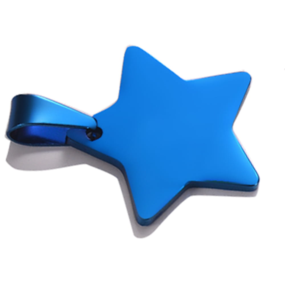 A vibrant blue five-pointed star-shaped stainless steel pendant with a sleek metallic finish and an attached loop for hanging in a gold star pendant necklace.