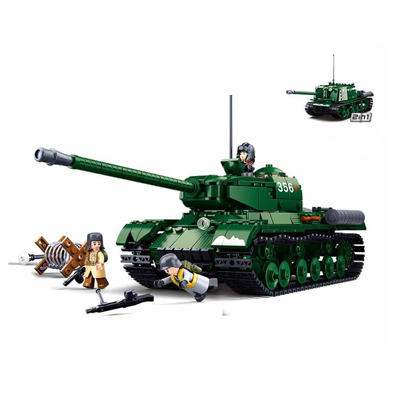 Grünes Kunststoff-Bausatz-Modellbaustein-Modell eines Militärpanzers als gepanzertes Auto-Spielzeug mit detaillierten Ketten, Turm und Geschütz.