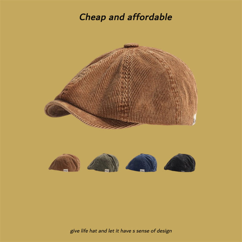 Brown corduroy flat cap with a structured eight-panel design and slightly curved brim from the Corduroy Eight Panel Retro Newsboy Cap collection.