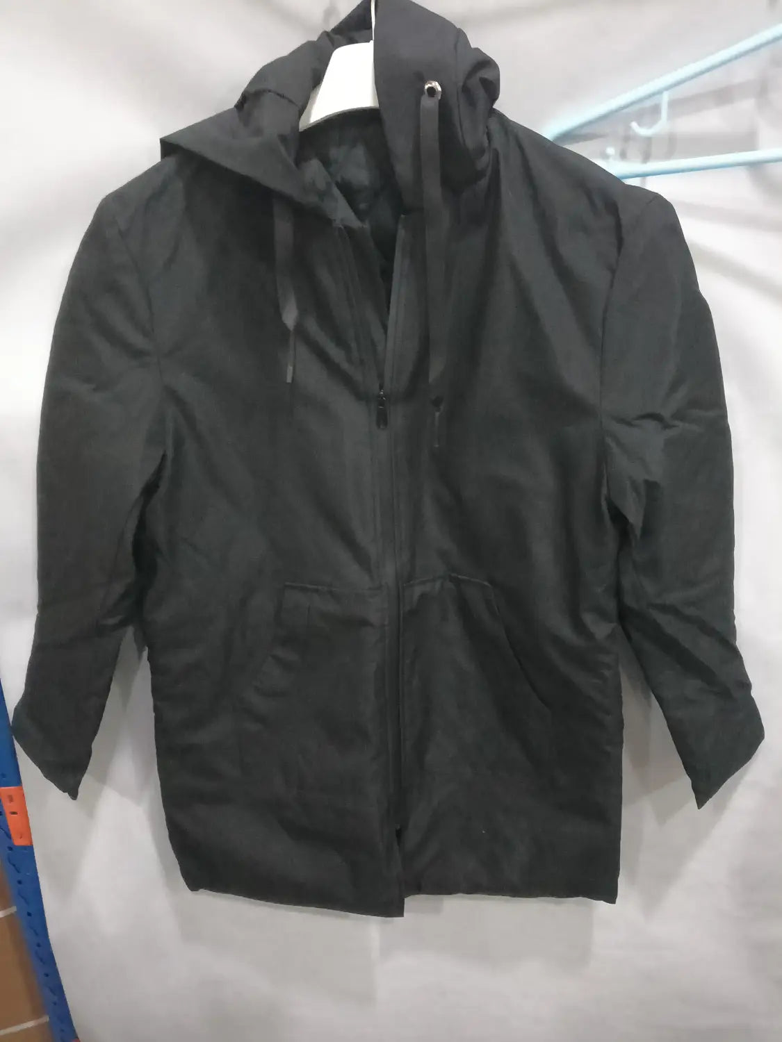 men thick hooded winter jacket in black featuring a full-length zipper and two front pockets for cold weather use