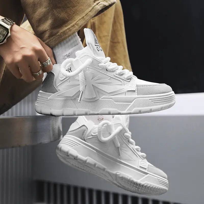 White high-top chunky sneaker for men with a translucent starburst patterned overlay and textured rubber sole in Harajuku low top style.