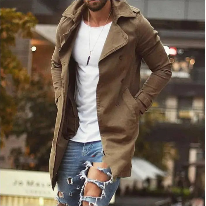 A stylish olive green trench coat with a classic double-breasted design and functional pockets featured in a denim trench coat slim fit plus size mid length product.