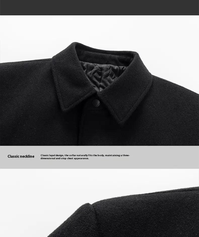 Black woolen overcoat for men featuring a classic lapel collar and quilted inner lining.