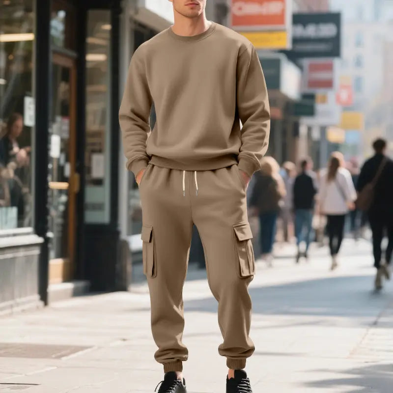 Beige fleece cargo jogger pants with drawstring waistband and cuffed ankles from men fleece cargo sweatshirt and pants set.