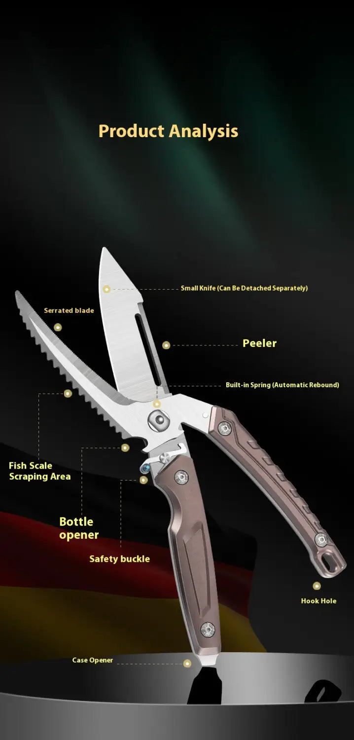 silver stainless steel chicken bone scissors kitchen shears with serrated blade peeler bottle opener and case opener functions