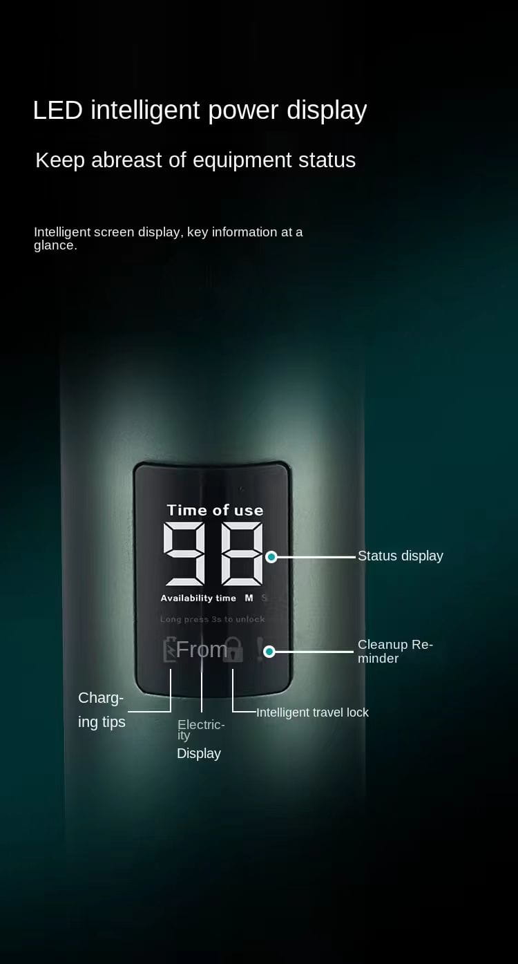 Panneau rectangulaire d’affichage numérique noir avec écran LED illuminé indiquant l’heure et des indicateurs d’état sur un rasoir électrique pour homme à triple tête, rasoir portable.