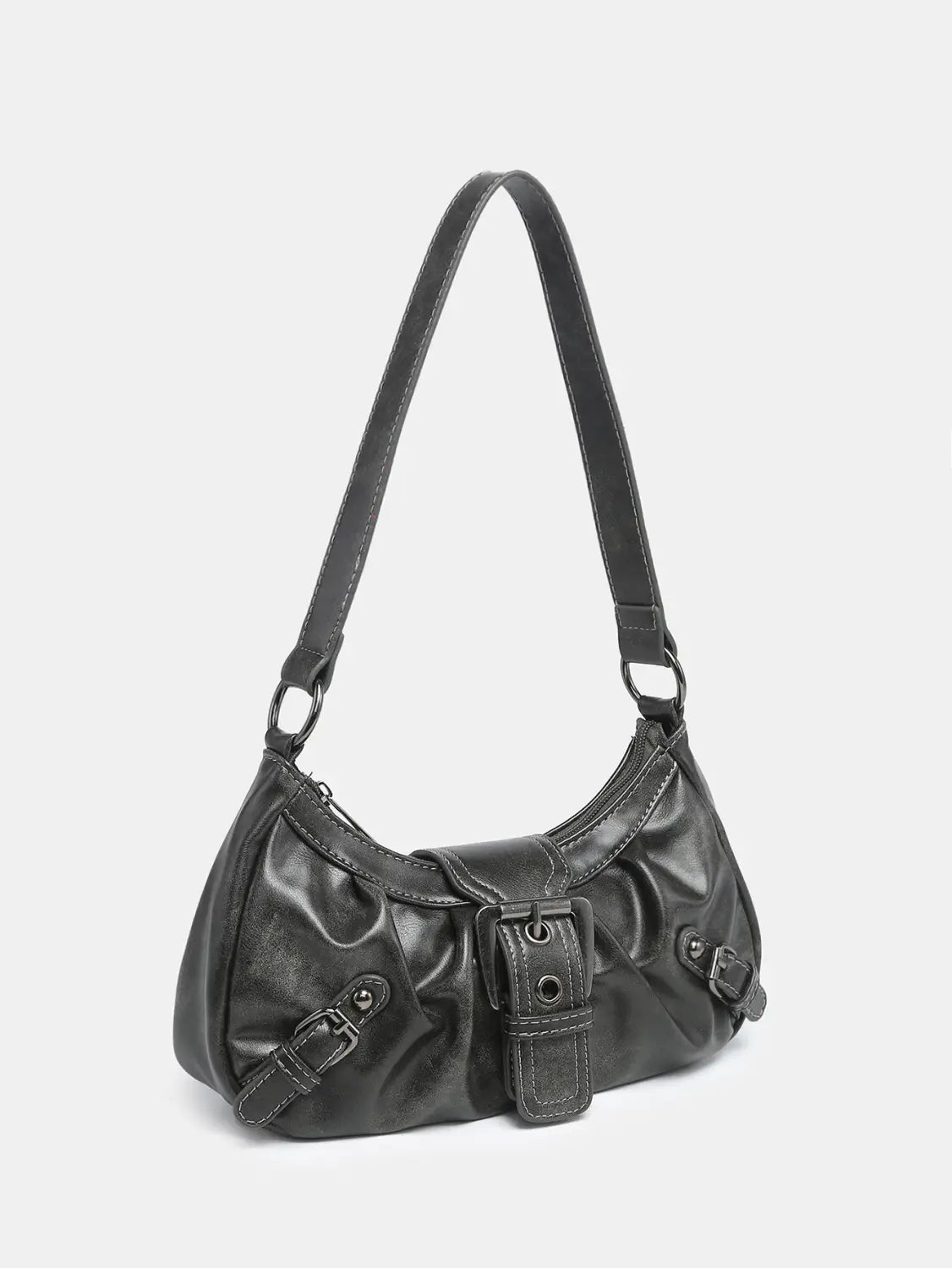 Black leather vintage shoulder bag with a curved slouchy silhouette and multiple buckle closures.