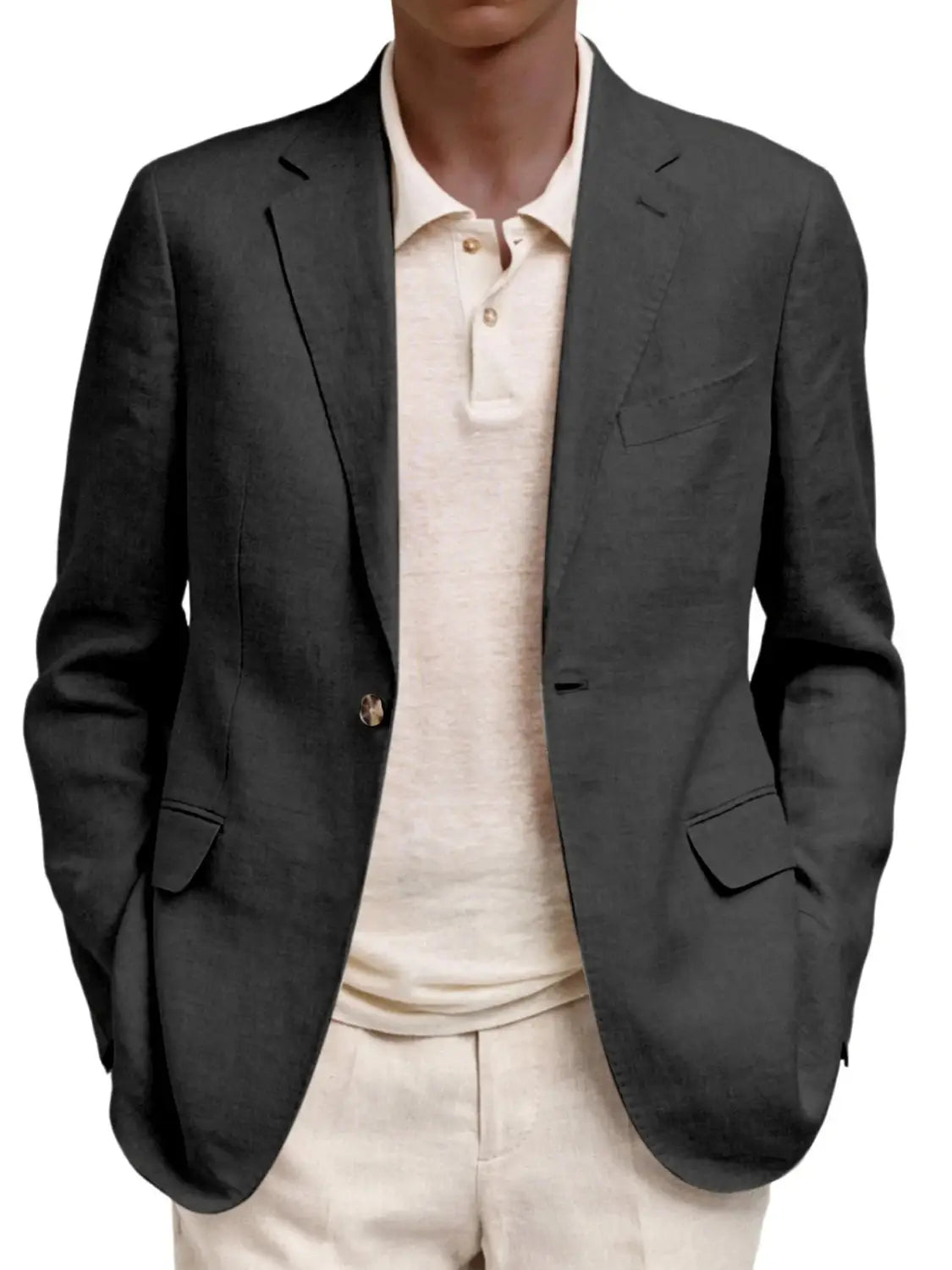 Dunkelgraues Leinen-Slim-Fit-Casual-Blazerjackett für Herren mit einreihigem Verschluss mit einem Knopf und spitz zulaufenden Reversaufschlägen.