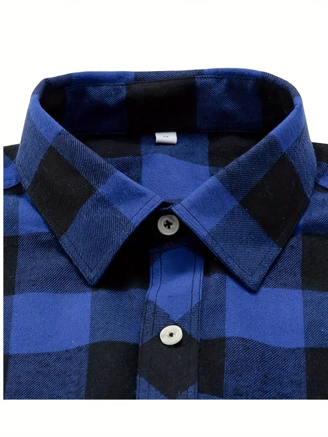 men’s slim fit plaid flannel button up shirt in blue and black with a classic collar and white buttons