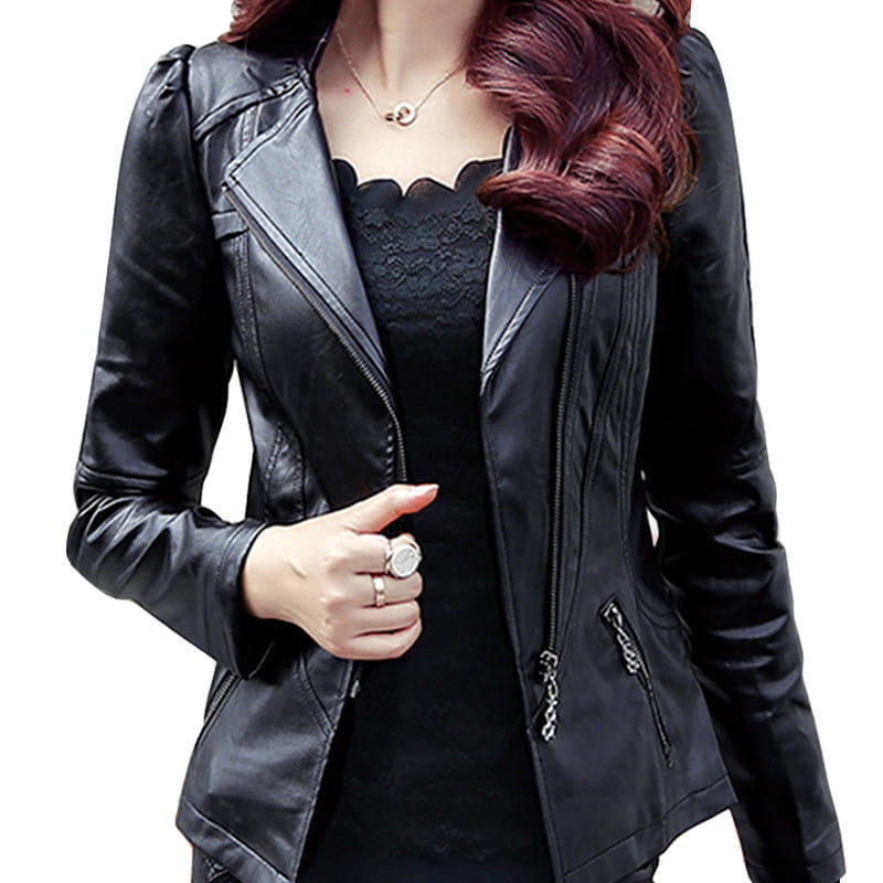 Black faux leather leather moto jacket with high collar puff sleeves zippered pockets and sleek fitted design.