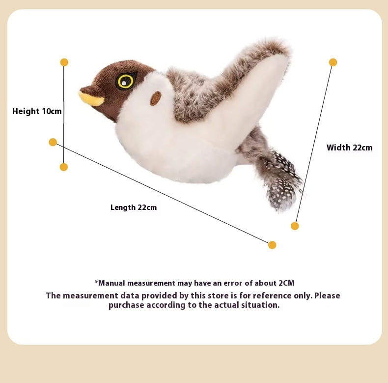A plush sparrow bird toy with a brown head, white body, and grayish-brown feathered wings and tail designed as an interactive automatic sounding cat toy.