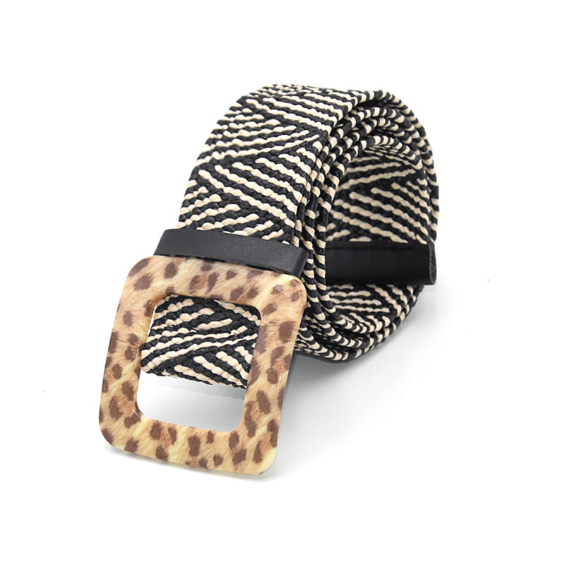 Woven elastic belt featuring a black and cream zebra-striped pattern with a square leopard-print buckle.