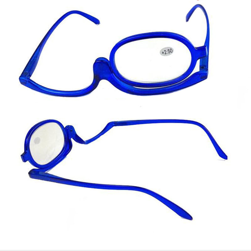 Blue plastic makeup reading glasses with plus 2.50 lens strength label in a variety pack.