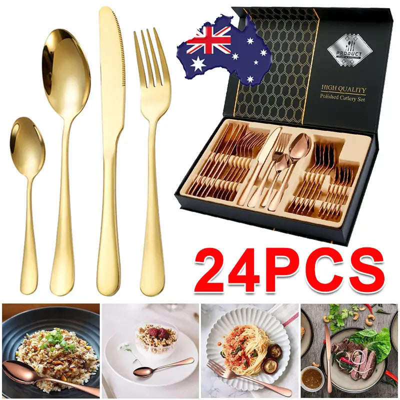 Rose gold stainless steel 24-piece cutlery set with polished gold-colored finish neatly arranged in a black gift box.