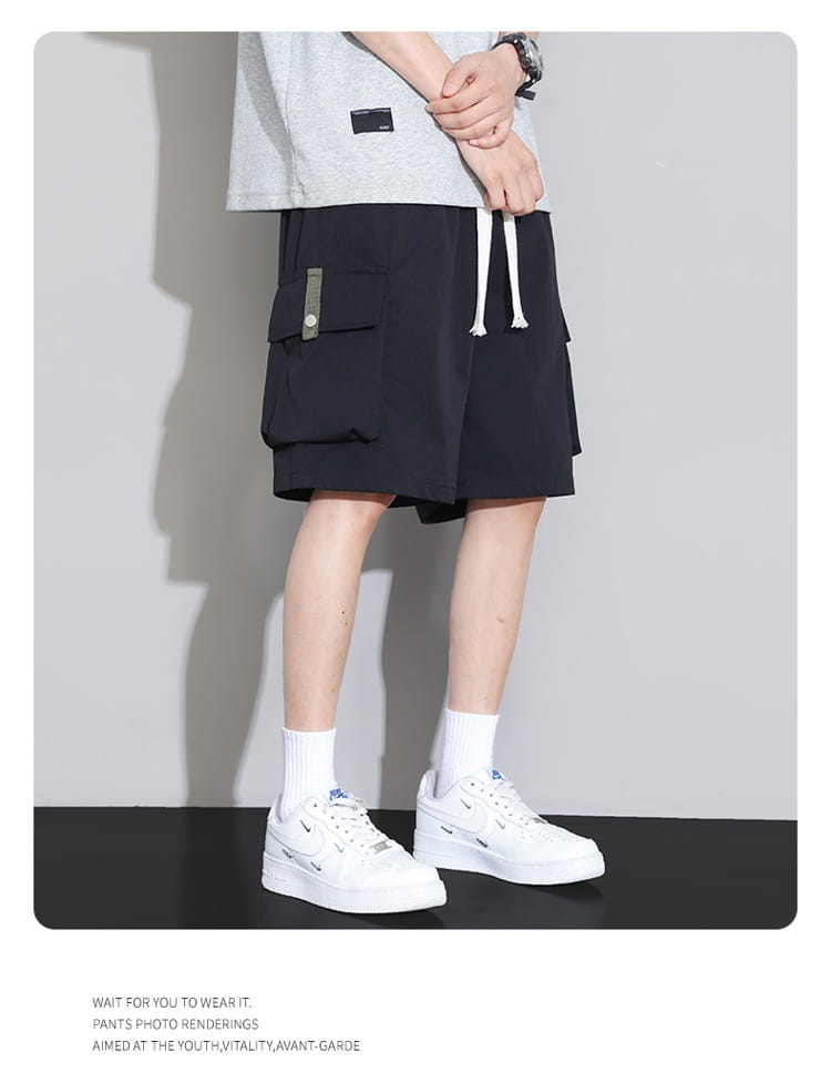 Shorts cargo décontractés noirs pour homme grande taille avec cordons blancs, coupe ample, pantalons de sport, avec une languette métallique sur la poche latérale