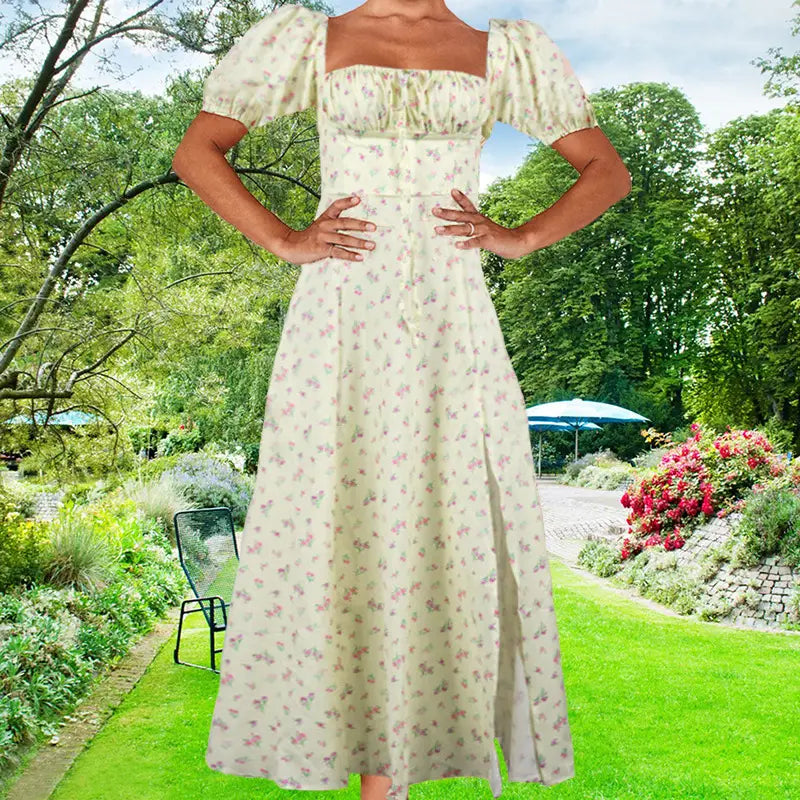 A soft cream-colored floral midi dress with delicate pink and green patterns featuring puffy short sleeves and a square neckline.