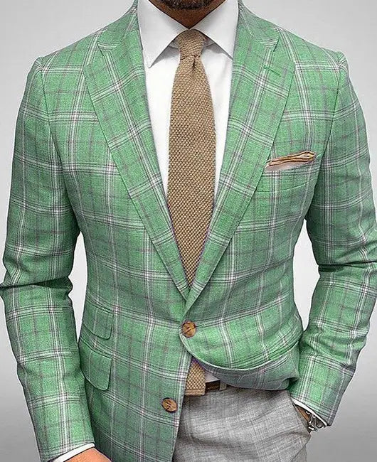 Ein stilvoller mintgrüner Karos-Blazer Slim Fit mit weißen und grauen sich schneidenden Linien, mit tailliertem Schnitt, zwei vorderen Knöpfen und passenden Einstecktüchern, entworfen als lässige Herrenjacke.