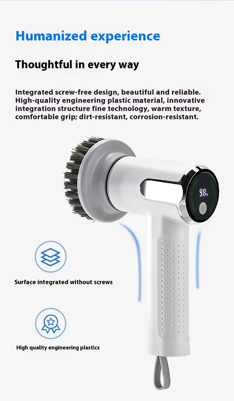 White and silver handheld electric cleaning brush with wireless smart scrubber tool featuring a digital display showing 98 seconds on its circular screen