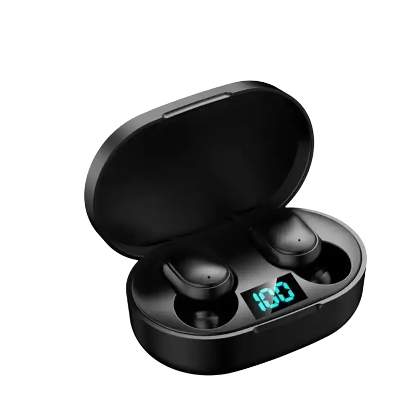 A6s Tws wireless Bluetooth earbuds in black with a sleek oval charging case and digital battery level display