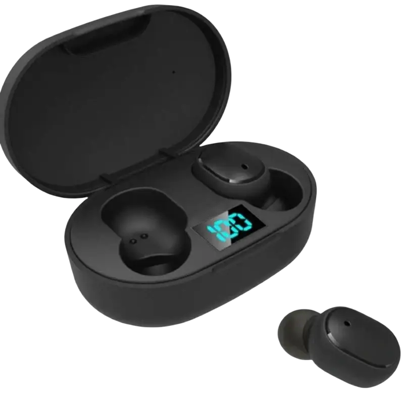 A6s TWS wireless Bluetooth earbuds black with sleek oval charging case and digital battery level display