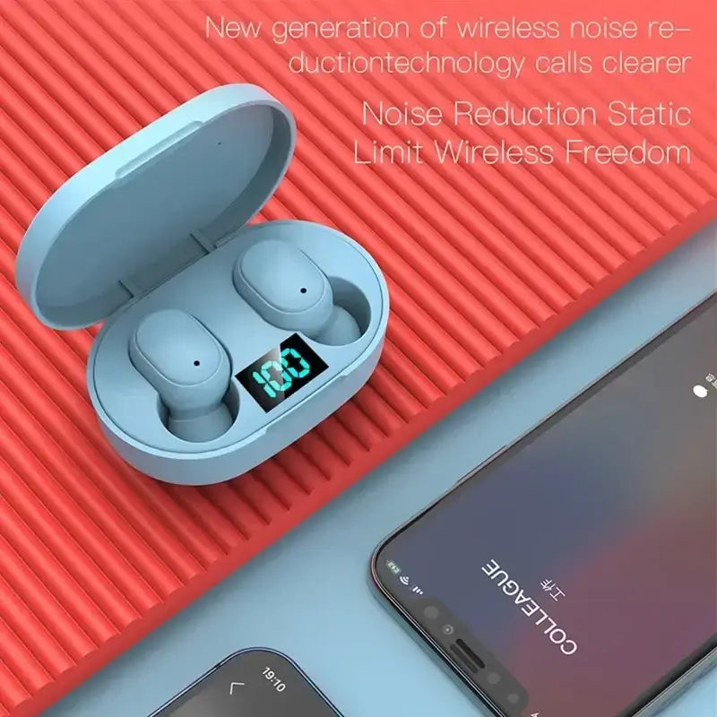 A6s tws wireless bluetooth earbuds in light blue with a charging case and digital battery level display