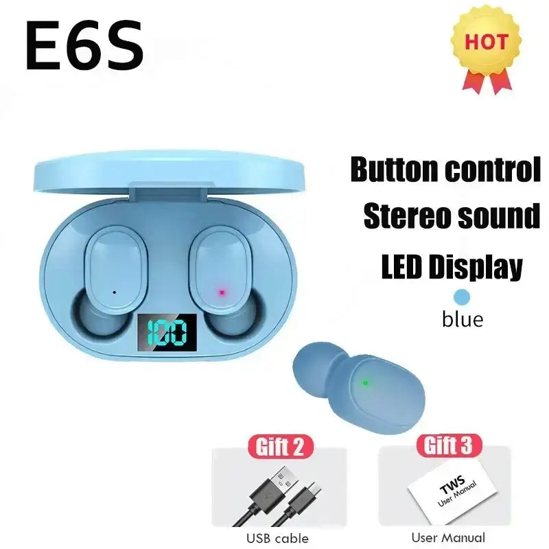 A6s tws wireless bluetooth earbuds in light blue with matching charging case and led display bluetooth earbuds